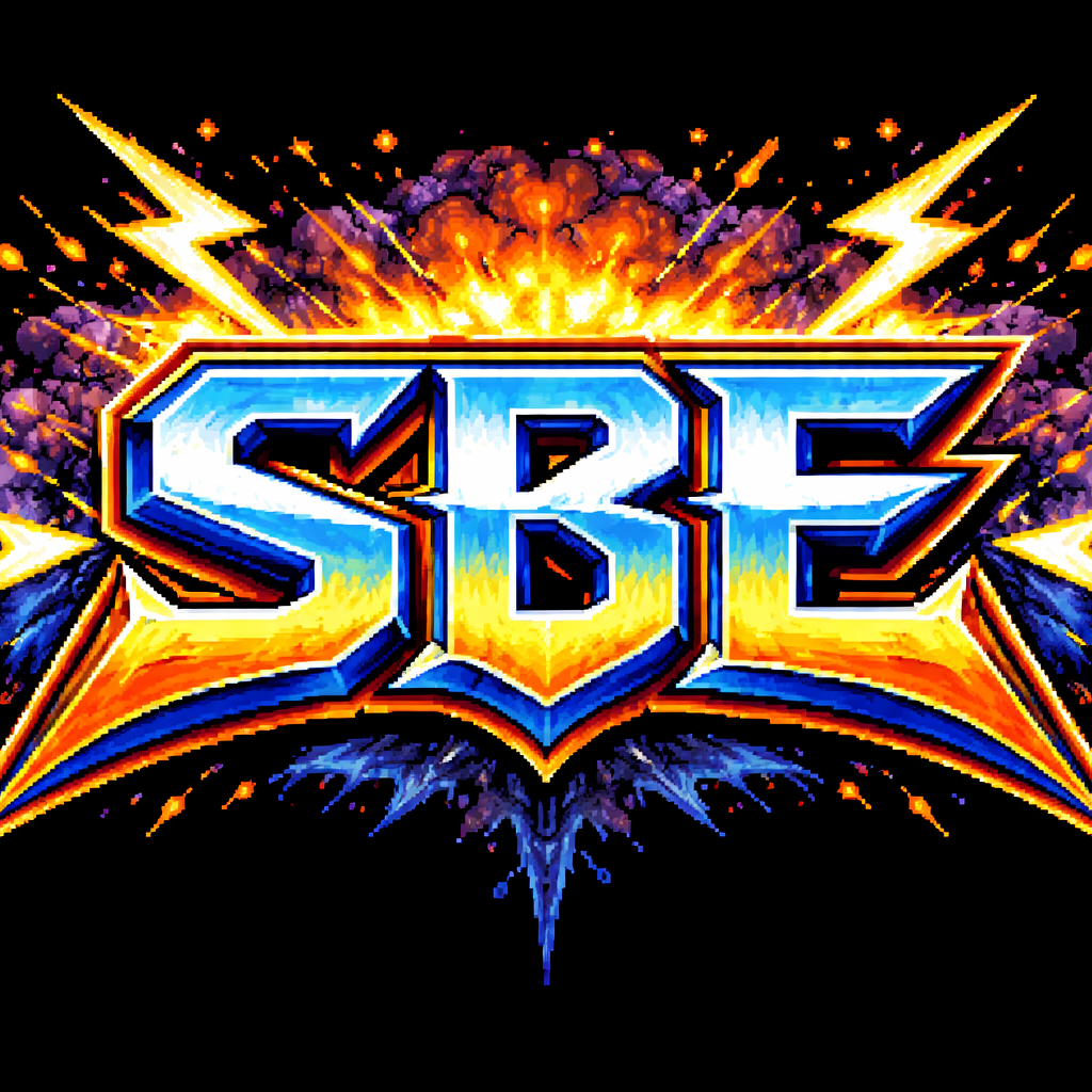 letters SBE in a retro font with lightning and fire emanating from them.